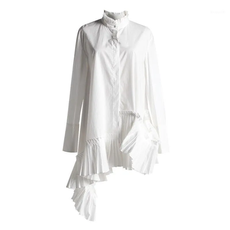 Camicia da donna in cotone bianco semplice tinta unita Camicetta di moda irregolare arricciata a pieghe retrò Camicette da donna oversize con pieghe di lusso Shi