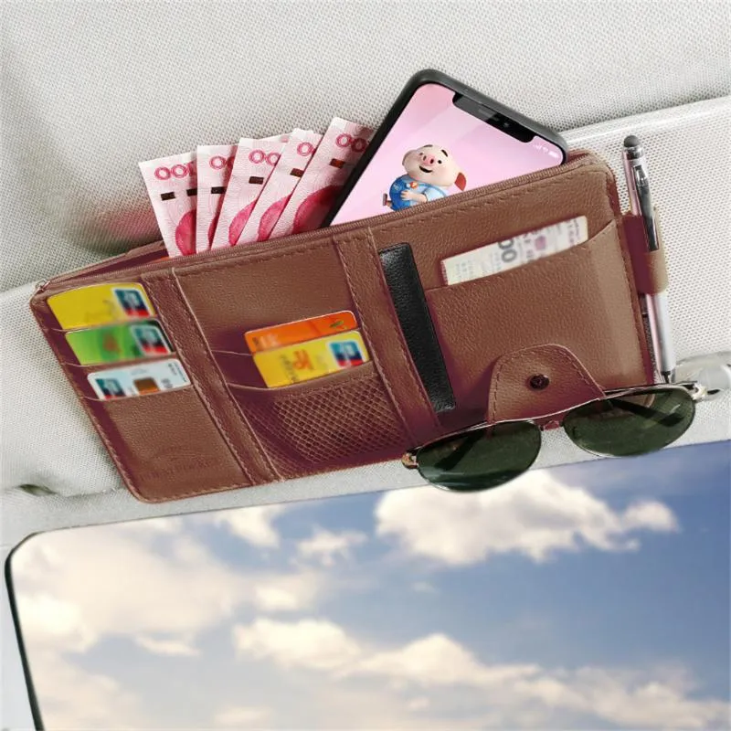 Bilarrangör Styling Sun Visor Universal Elastic Strap Storage Bag Automotive Glasses Mobiltelefonen Penhållare med dragkedja