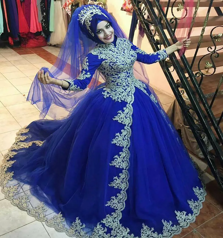 Élégant Bleu Royal Robe De Mariée Musulmane 2022 À Manches Longues En Dentelle Arabe Dubaï Église Robes De Mariée Appliques Dentelle Robe De Mariage Réception Fiançailles Robe Novia