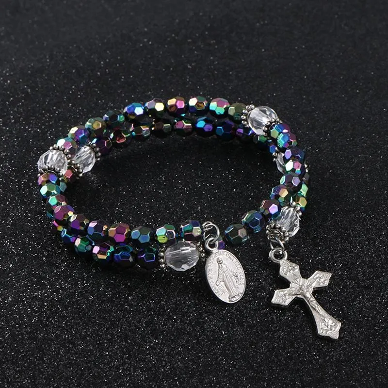 Braccialetti con ciondoli KOMi 6mm Acrilico Doppio strato di perline colorate Bracciale con ciondolo croce Gesù Religioso ortodosso Cattolico Rosario Gioielli GiftChar