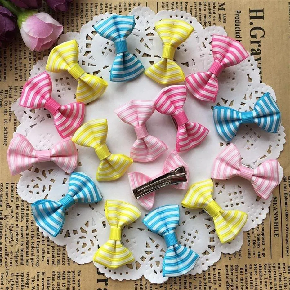 100pcs lot 1 4 cute colorful stripe print Small Bow Kids Baby Girls Hair Clips Hairpins Barrettes hair accessories Gifts249B