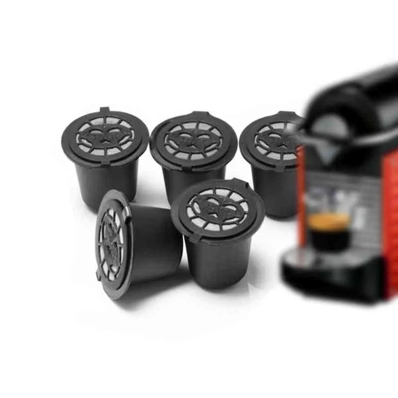 6pcs قابلة لإعادة الاستخدام Nespresso Coffee Capsules مع فرشاة ملعقة سوداء قابلة لإعادة الملء قابلة لإعادة الملء هدية مرشح وير
