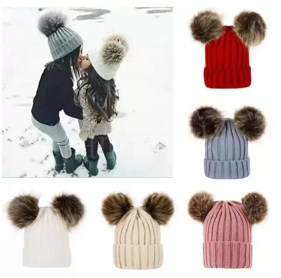 Kinderen baby gebreide hoeden winter massief gehaakte hoed warme zachte pom pom -muts dubbele haarbal buiten slouchy caps f0801
