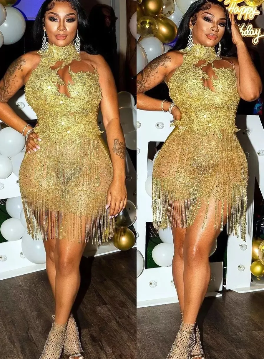 Champagne ouro renda cauda curta vestidos de festa de baile sexy na altura do joelho com borlas plus size formal noite clube usar vestidos para mulheres árabes