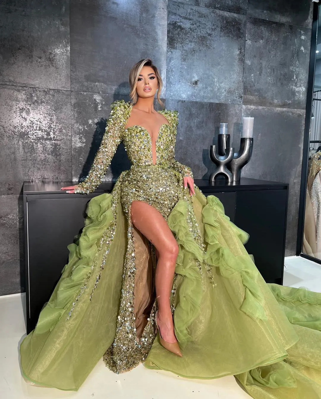 Long Sleeve V Neck Olive Green Evening Dress With Beaded Appliques Sequins And Detachable Train Floor Length Formal Gown For Celebrity Events Proms Or Parties From Dressvip 196.49 DHgate.Com