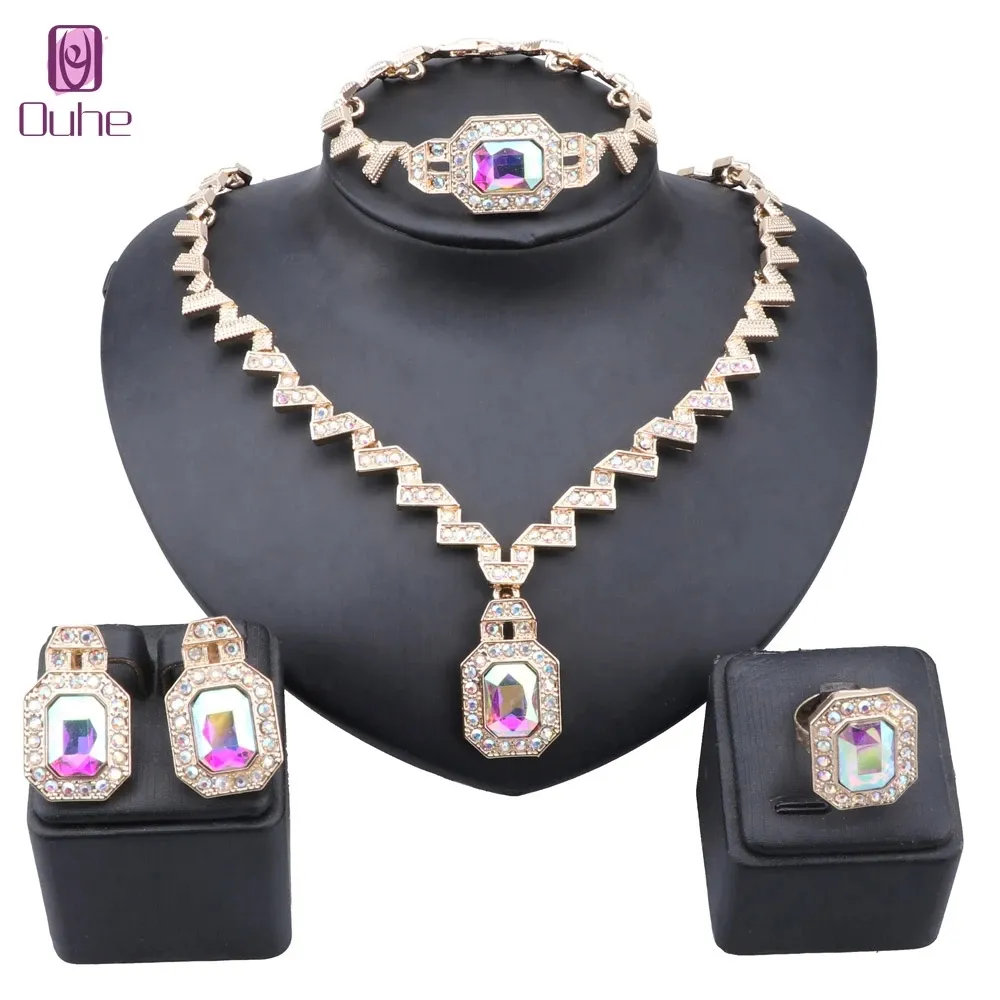 Women Square Necklace Gold Color Crystal Party Anniversary Wedding Bracelet Earring Ring Gifts Jewelry Sets