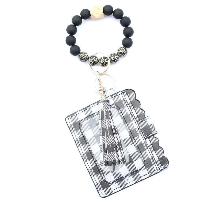 Fashion PU Leather Bracelet Wallet Keychain Party Bangle Key Ring Holder Card Bag Silicone Beaded Wristlet Handbag Women Wrist Car Rings with Tassel