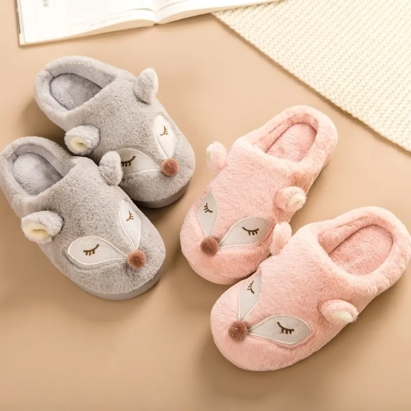 High Quality Cute Cartoon Animal Women Slippers Fur Winter Warm Plush Home fluffy slides Cotton House Shoes Y200424