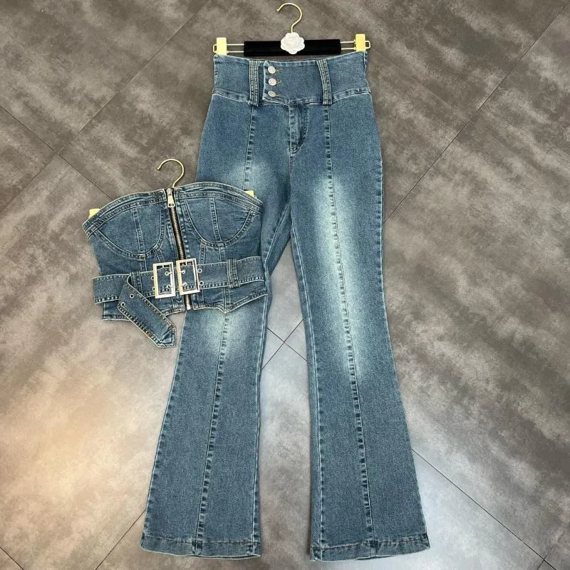 Calças de duas peças de duas peças de verão sexy jeans 2 conjuntos femininos de streetwear feminino com zíper de pescoço de pescoço de jeans e flare longswomen de calça longa