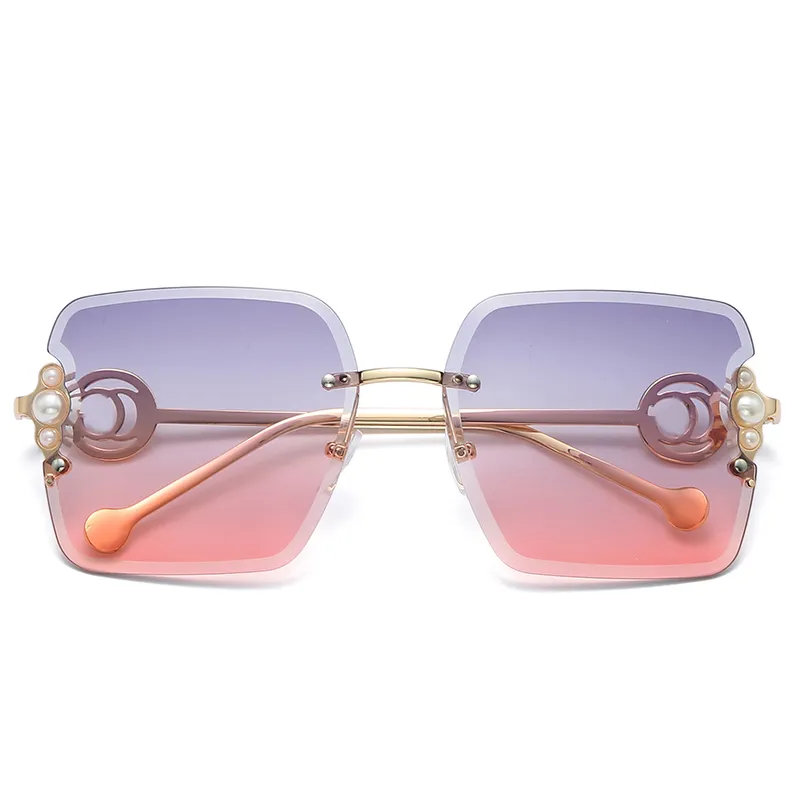 Lunettes d'été 2023 Mode Femmes Lunettes de soleil Designer Carré Sans cadre Art Pearl Embelli Temples en métal doré Texture Premium Simple Sun