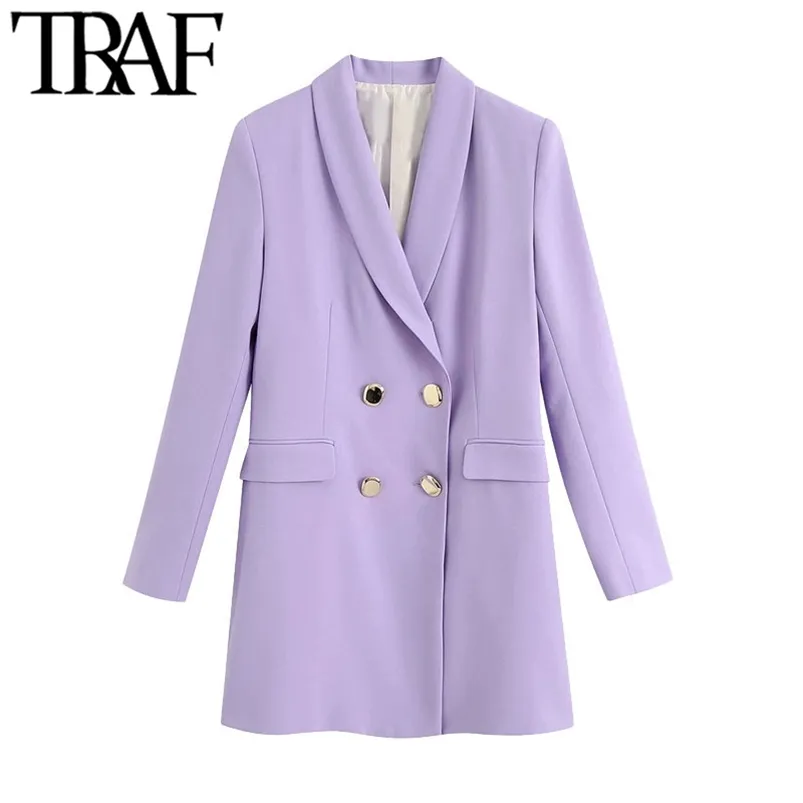 Traf Women Fashion Office Wear Double Breasted Blazer Coat Vintage Long Sleeve Flap Pockets Female Outerwear Chic Topps LJ201021