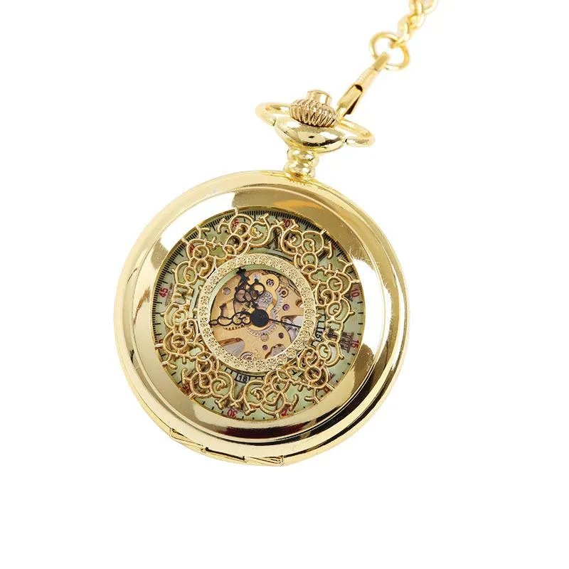 Карманные часы Большой золотой толстой цепной цепь плотный цветочный полый ночной световой часы древний римский текст механический 8931