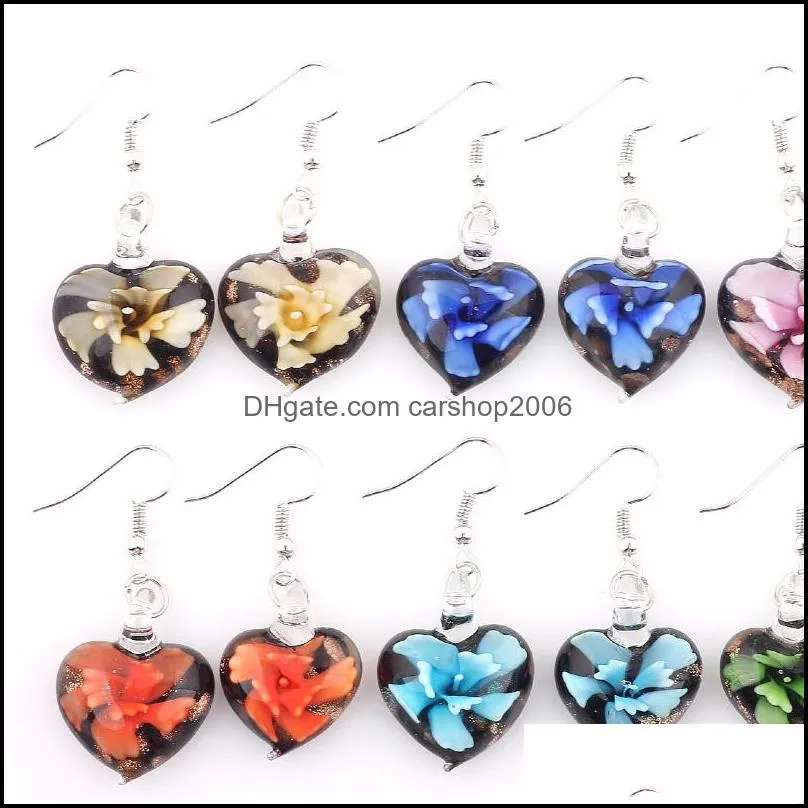 6paris fashion charming heart lampwork glass pendants earrings flower silver hook earring jewelry wholesale