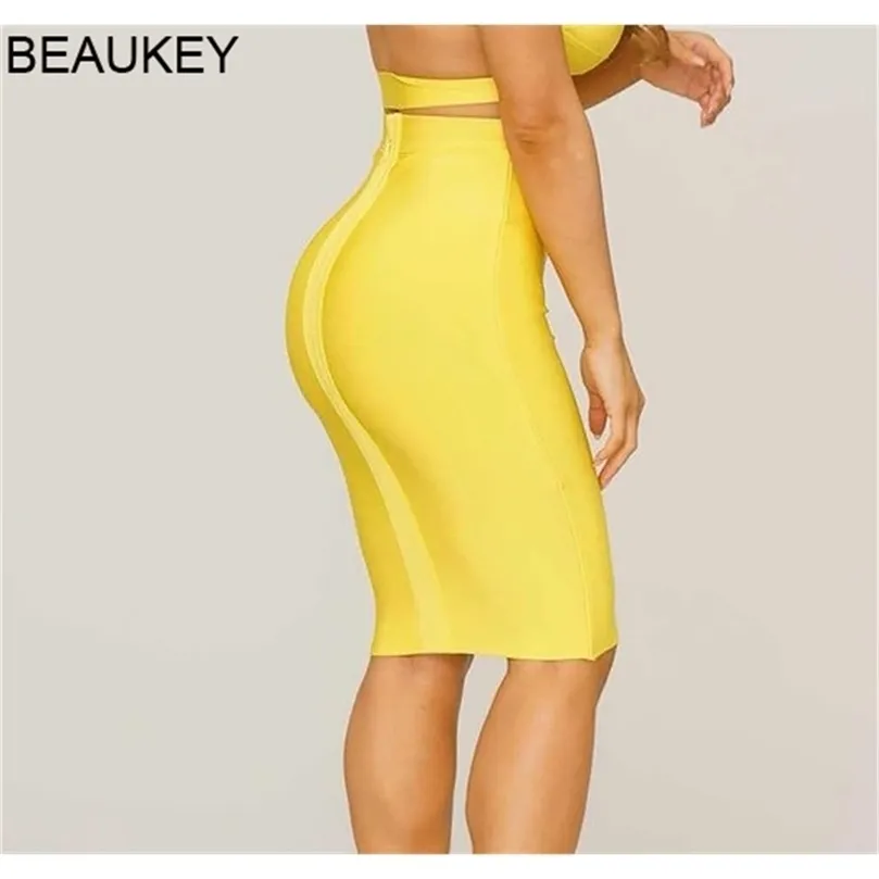 Beaukey Office Lady Yellow Pencil Bangage Юбка высокая талия плюс размер xl Длина колена Оптом Bodycon Юбка 210315