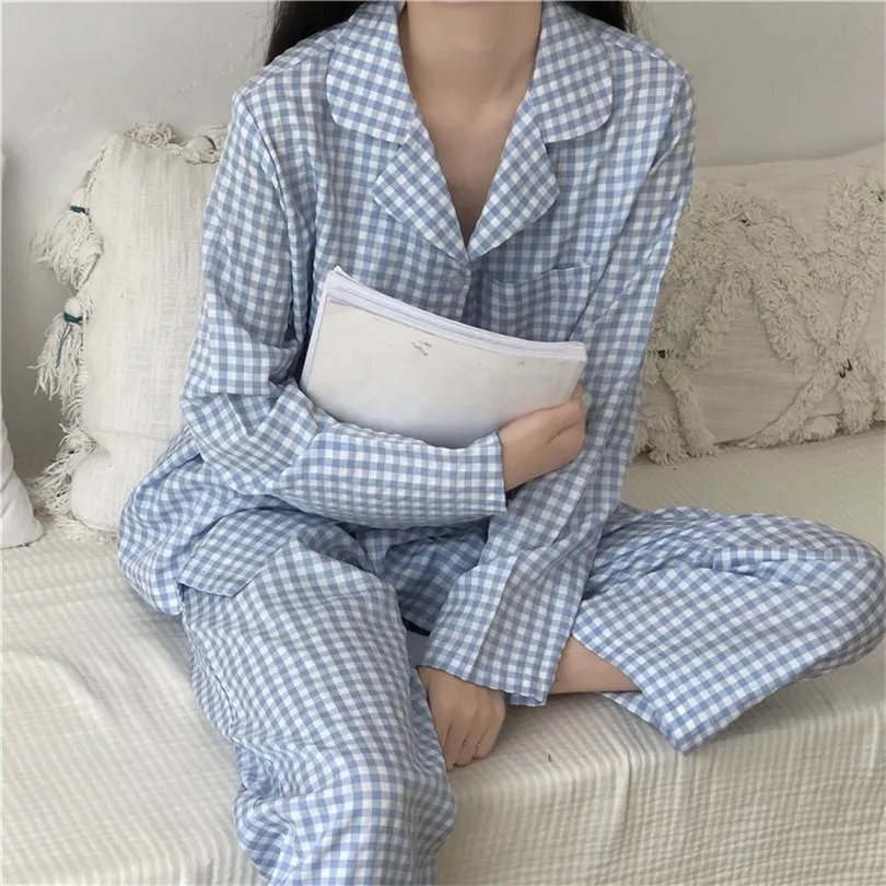 Women's Plaid Pajamas Set Turn-down Collar Sleepwear Full Sleeve Tops+Long Pants 2 Pieces Suit Homewear Pyjamas Nightwear 220329