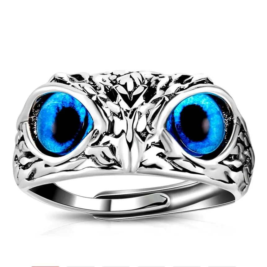 Moda coruja anel vintage homem e mulheres liga azul olhos corujas anéis versátil argent ajustável creative ring