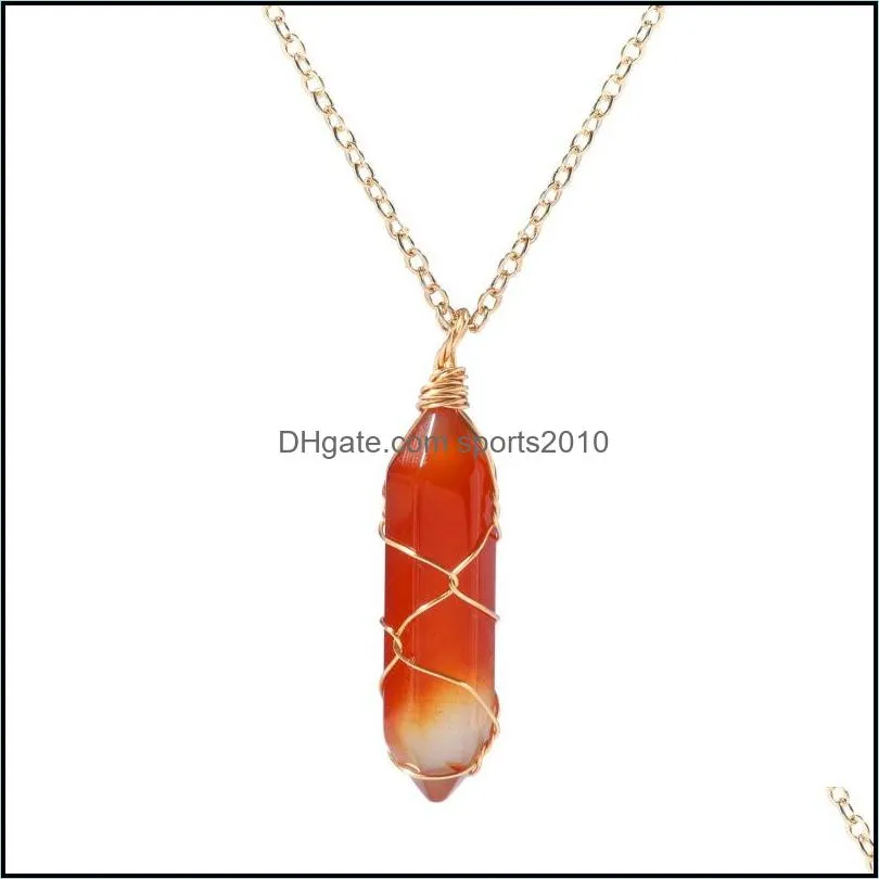 fashion red agate stone hexagonal prism pendant gold wire wrap necklace for women jewelry wholesale