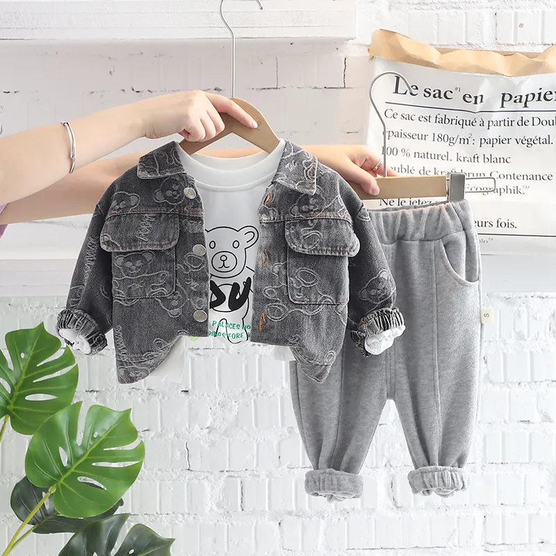 2023 Lente Herfst Kinderen Jongens 3 STKS Kleding Set Beer Denim Jasje Katoen Sweatshirts Casual Broek Baby Jongens Kleding pak