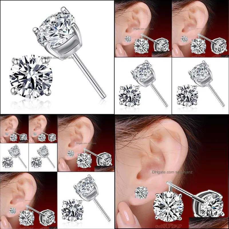 Fashion Bling Four Claws CZ Crystal 925 Sterling Silver Stud Earrings For Girls Women Zircon 6MM Jewelry