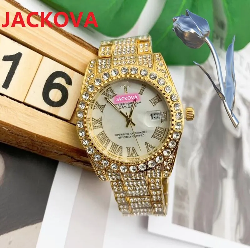 Luxury Iced Out Rhinestone Watch Gold Stainless Steel Men s Women s Quartz Wristwatch with Date Function