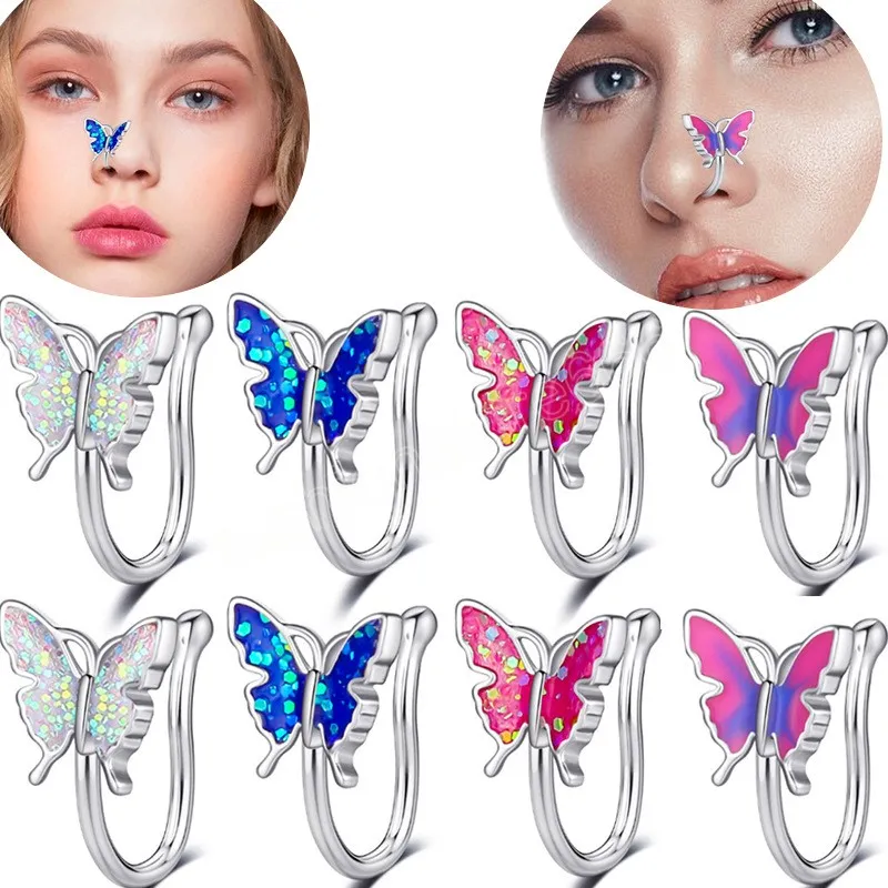 Rainbow Sequins Butterfly Nose Rings Piercing Barbell 14g Kirurgiska stålstänger Nosring Unisex Smycken