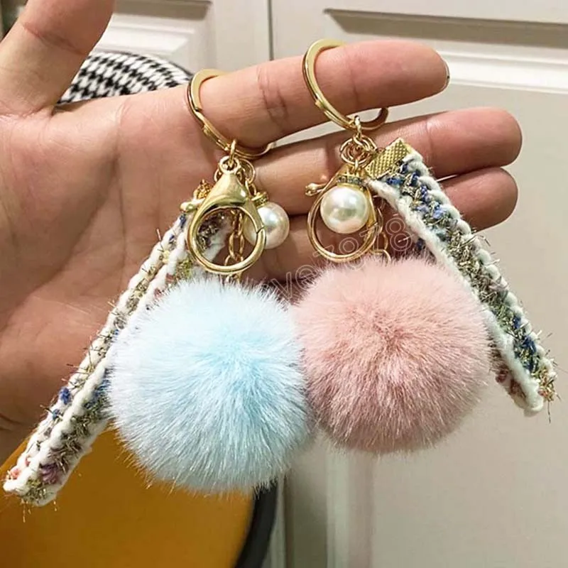 Moda pompom anahtarlıklar sevimli araba kabarık anahtarlık sahte tilki tavşan kürk pomponlar cazibe inci kolye anahtar zincir halkaları çanta hediyeler