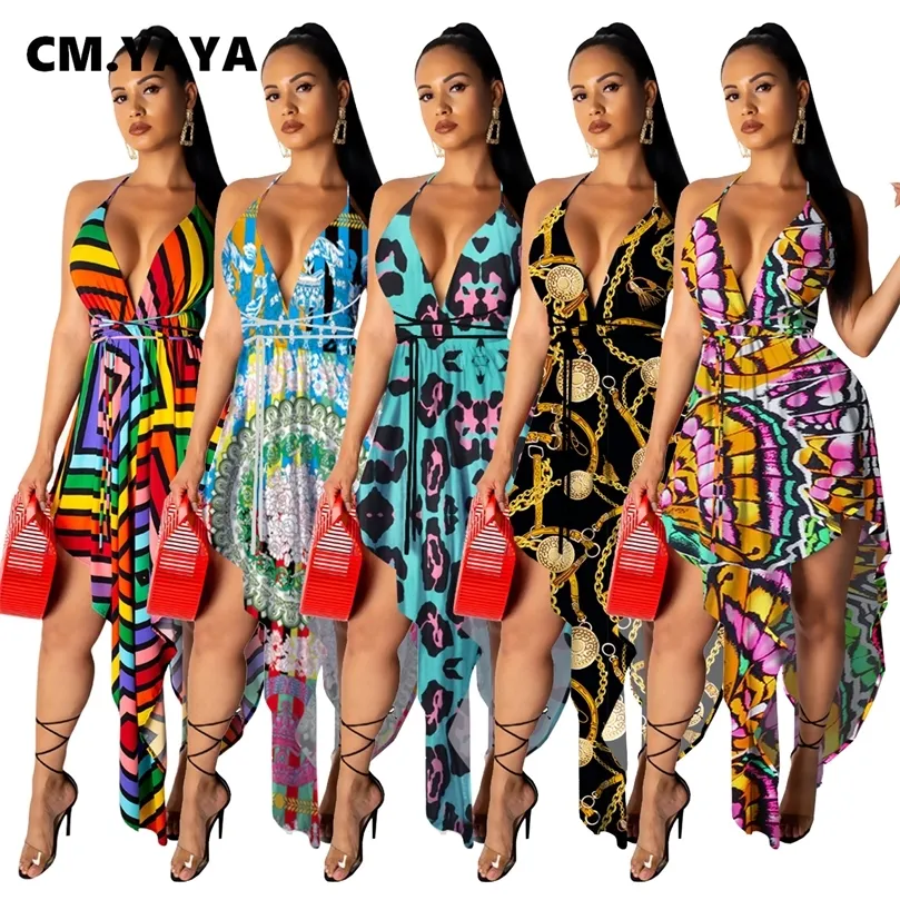 Women Summer Colorful Striped Halter Deep V-neck Open Back High Waist Irregular Hem Big Swing Dress Long Maxi Dresses 3739 220516