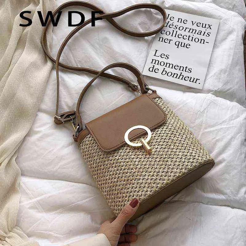 SWDF New Small Straw Bucket Bags For Women 2022 Summer Crossbody Bags Lady Travel Purses And Handbags Female Shoulder Simple Bag G220423