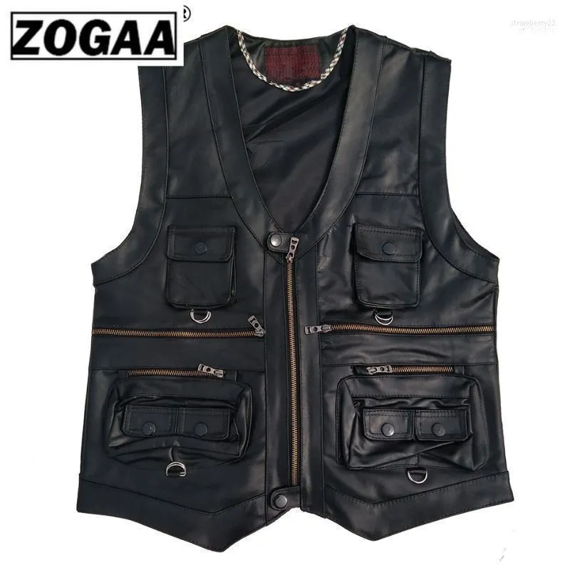 Mäns västar Zogaa Multi Pocket Vest Men Black Pography äkta läder Motorcykelcyklist Waistcoat Male Autumn Sleeveless Jacket Men1 Stra22