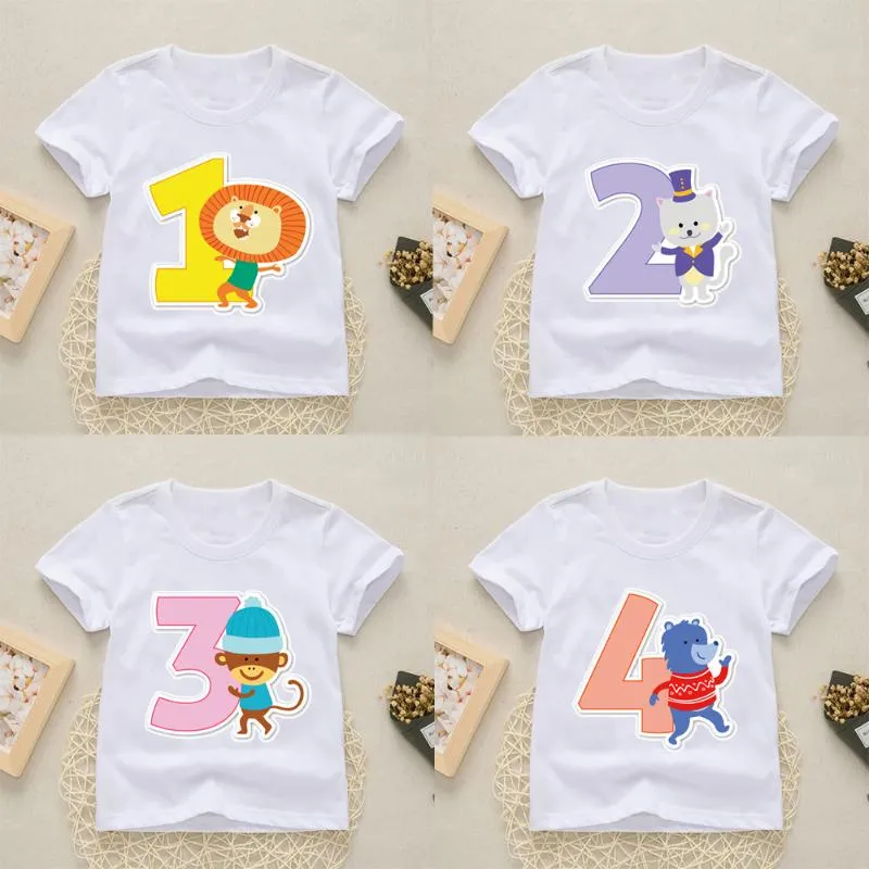 T-shirts nummer 1-9 tecknad skjortor tryck barn Grattis på födelsedagen pojkar roliga lejon flickor t-shirt barn toppar klädskjortor t-shirtst-shirts