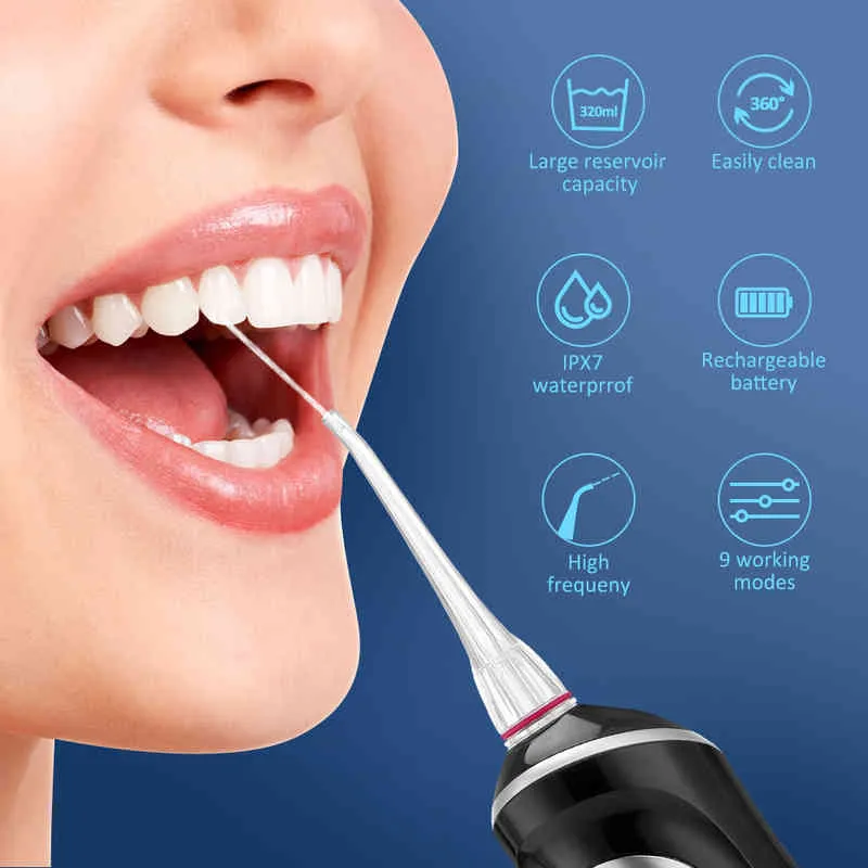 9 режимов водяной флоссер пероральный ирригатор USB IPX7 Presect Jet Floss Chemer Chemer Plower World Dental Care 4nozzles 220513