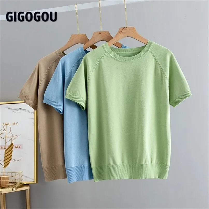 Gigogou Solid Dames T-shirt Korte Mouw Koreaanse Stijl Slanke Basic Katoen Tshirt Top Womens Kleding Lente Zomer T-shirt Femme 220411