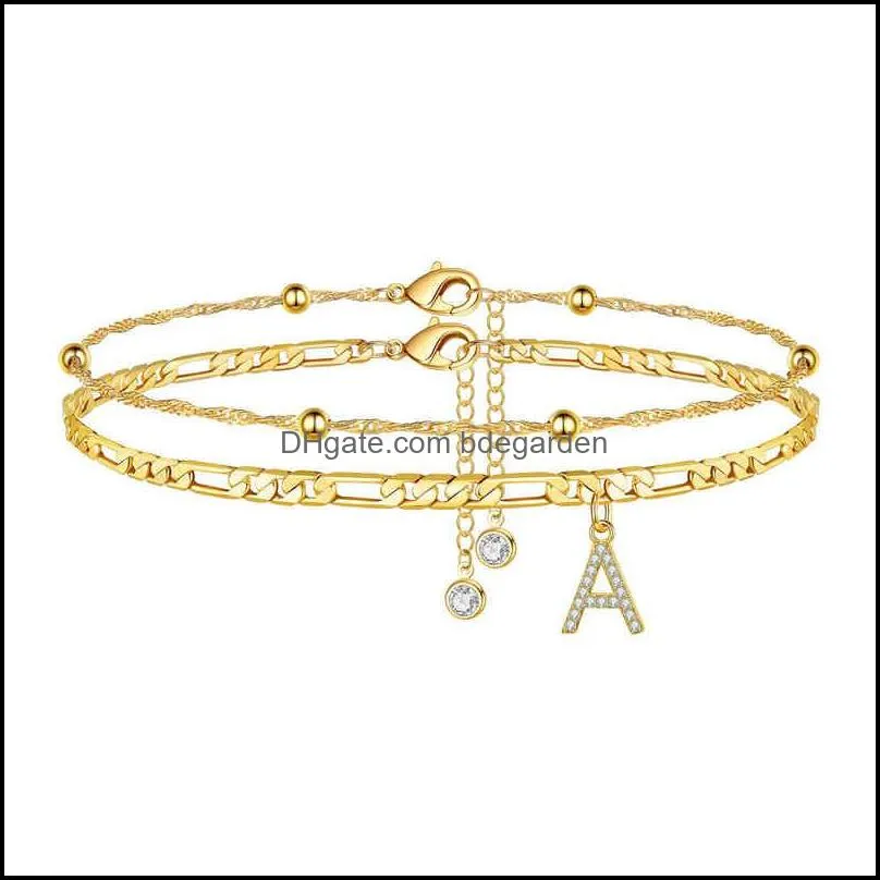 Anklets 2st/set 14k Real Gold Plated Anklet Set for Women Beach Jewelry Hexagon Initial Alphabet Letter A-Z "Clear Summer Bdegarden DHH5E