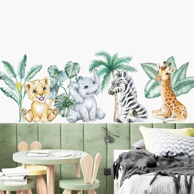Dessin animé animaux africains Lion feuilles tropicales aquarelle pépinière autocollant mural peler et coller stickers muraux enfants chambre décor à la maison 220727