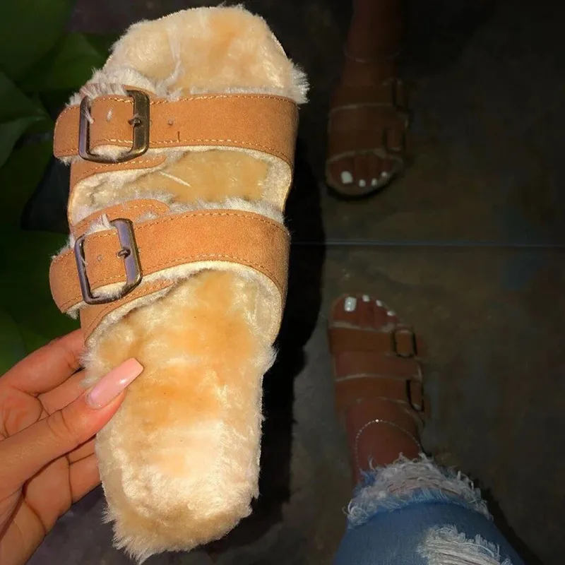 Winter Home Warm Furry Slide Winter Fur Slipper Home Shoes woman Fashion Leather Flip Flop indoor shoes woman flats Y200107