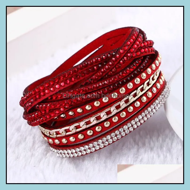 women new fashion pu leather wrap wristband cuff punk rhinestone bracelet crystal bangle charm bracelets 10colors 17121313