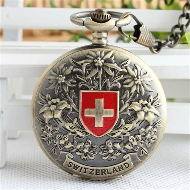 Unique Switzerland Red cross Hollow Hand Wind Mechanical Pocket Watch Mens and Women Bronze Tone for Birthday Gift T200502