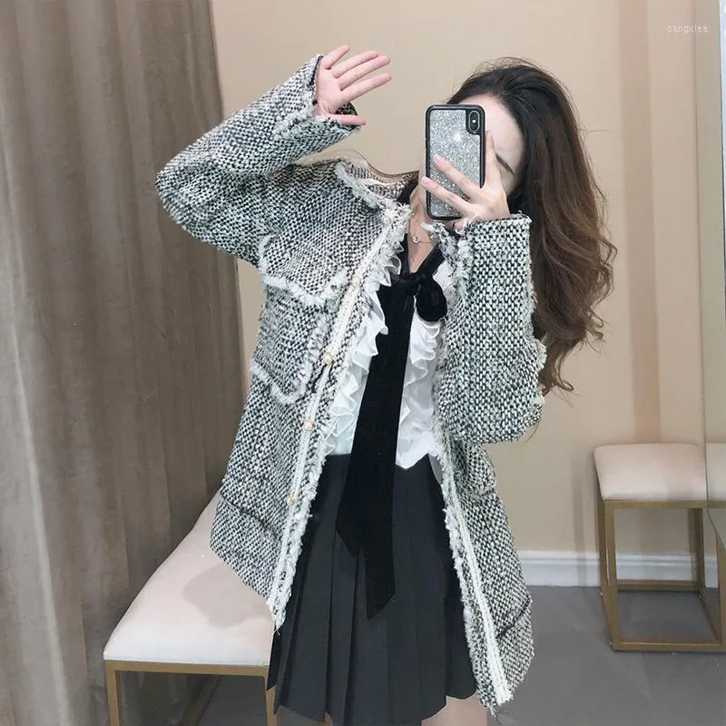 Abiti da donna Blazer Elegante giacca vintage in tweed Donna Autunno Streetwear Designer Loose Fit Nappa Cappotto scozzese Donna Office Lady Outerwe