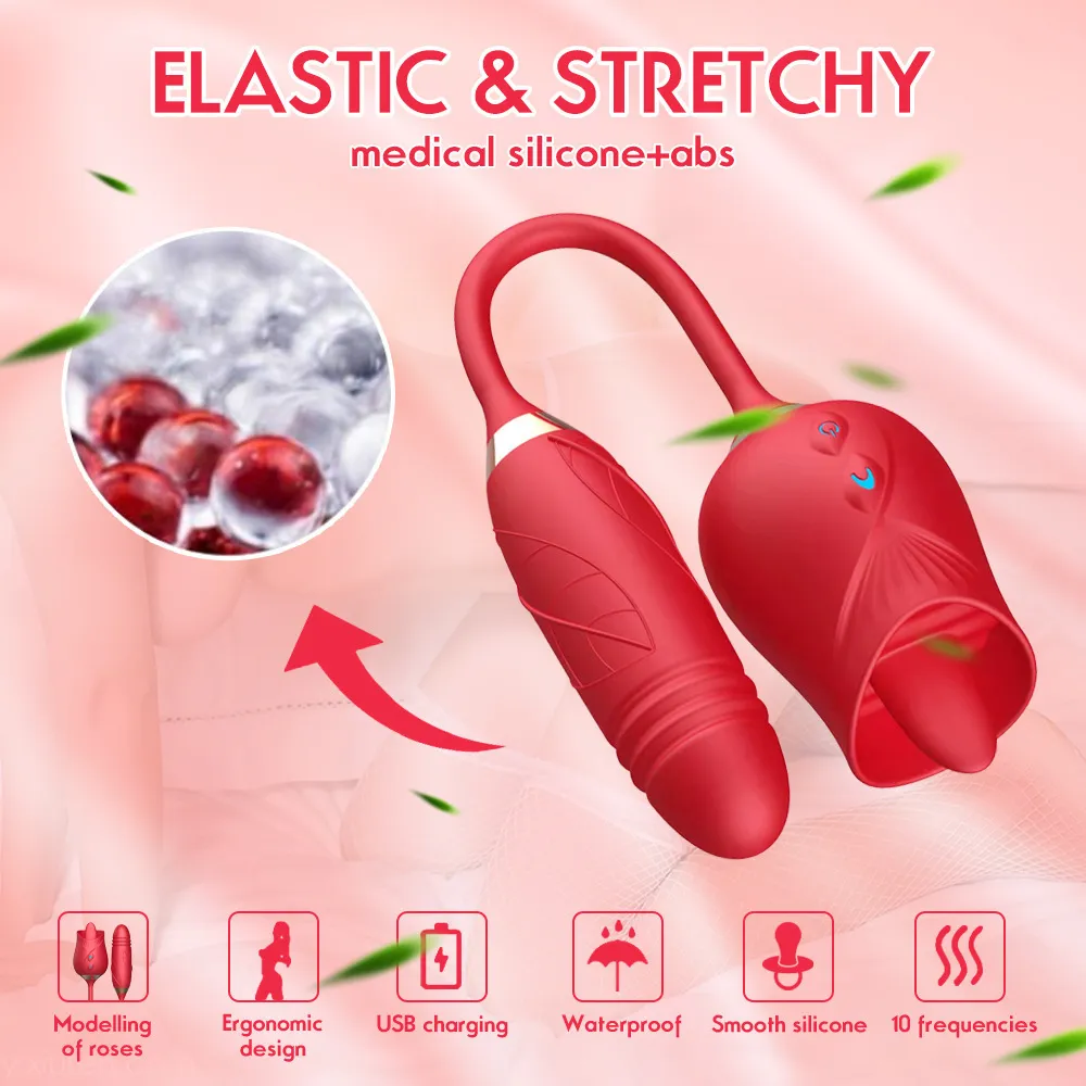 Язык Dildo Rose Double Head Vibrator Взрослый 18 Продукт Сексуальные игрушки для Женщин Клитос Стимулирование G-Spot Licking Вагинальный оргазм красоты