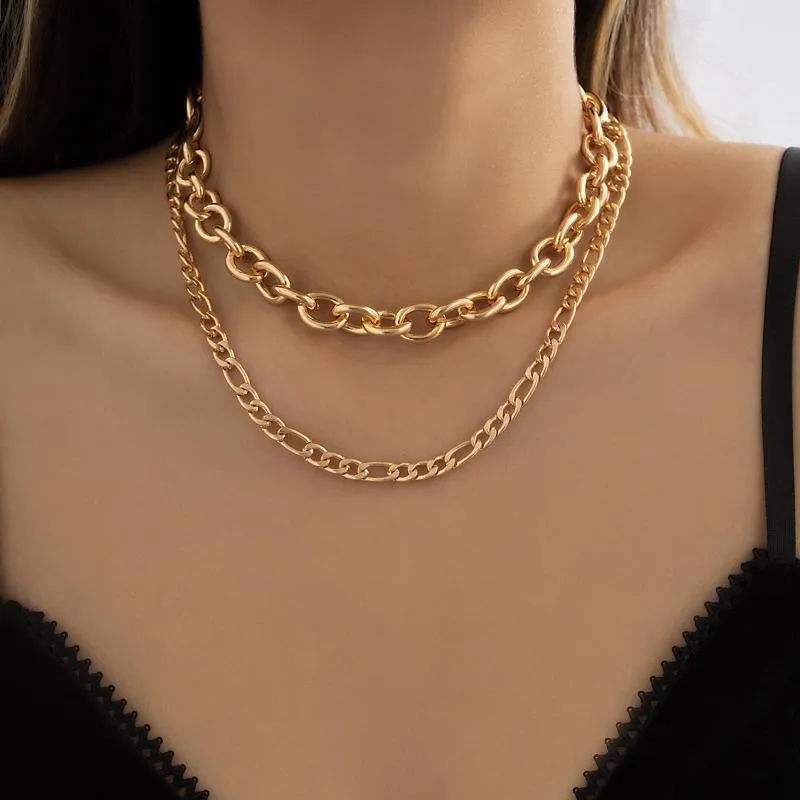 Cadenas Ailodo 2 PCS/Set Hiphop Collar de cadena gruesa para mujeres Declaración de color de color de oro minimalista Joya de joyas de regalos