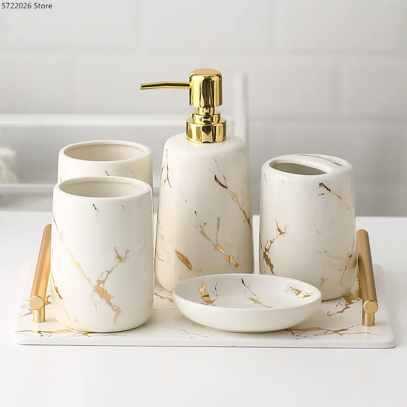Keramiska toalettartiklar badrum set marmor porslin kopp tandborste hållare tvål dispenser magasin dekoration tillbehör 220523