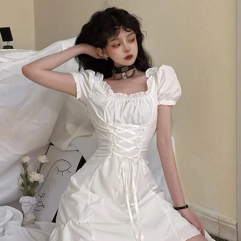 White Lolita Mini Dress with Lace Up - Goth Harajuku Punk Dark Aesthetic Emo Dresses for Women - Kawaii Fairy Grunge Alternative Clothes White Lolita Mini Dress with Lace Up - Goth Harajuku Punk Dark Aesthetic Emo Dresses for Women - Kawaii Fairy Grunge Alternative Clothes