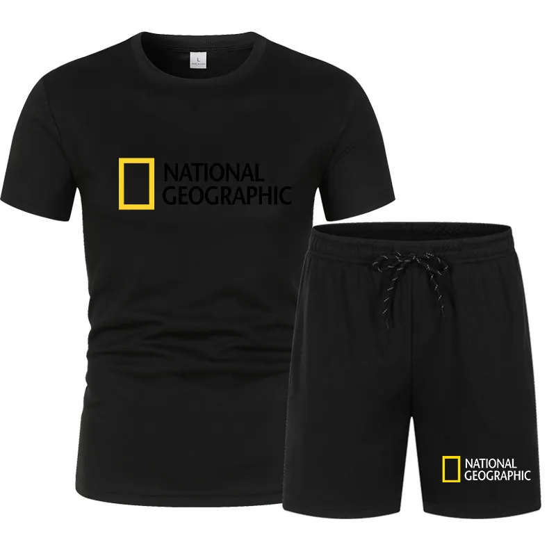 National Geographic couleur impression hommes vêtements de sport deux pièces costume Fitness uniforme à manches courtes bleu t-shirt Shorts 1010