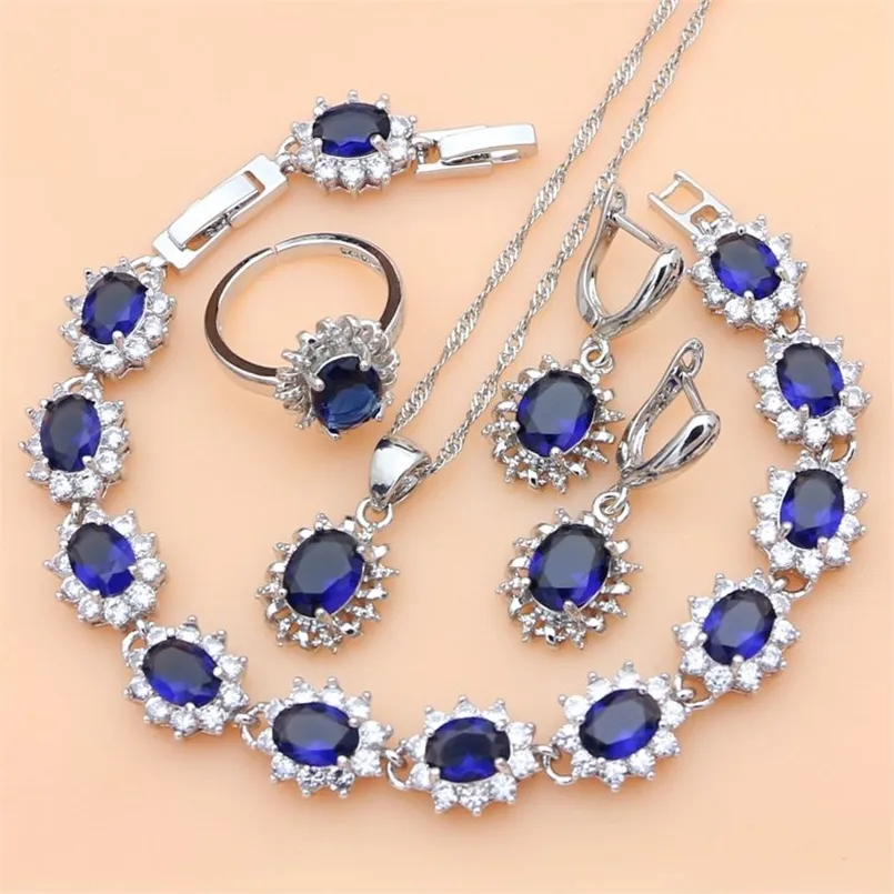 Zilver 925 sieradensets voor vrouwen Natural Blue Sapphire Stone Fashion Gift Her Party Necklace 7 Colors 220816