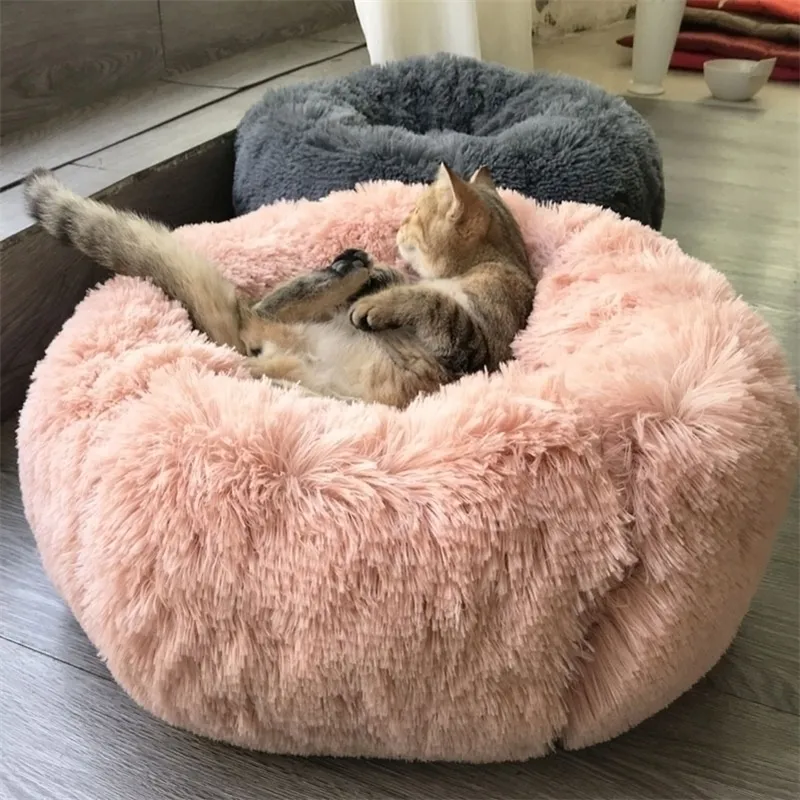40CM100CM Large Round Dog Bed For Dog Cat Winter Warm Sleeping Lounger Mat Puppy Kennel Long Plush Big Pet Bed 201119