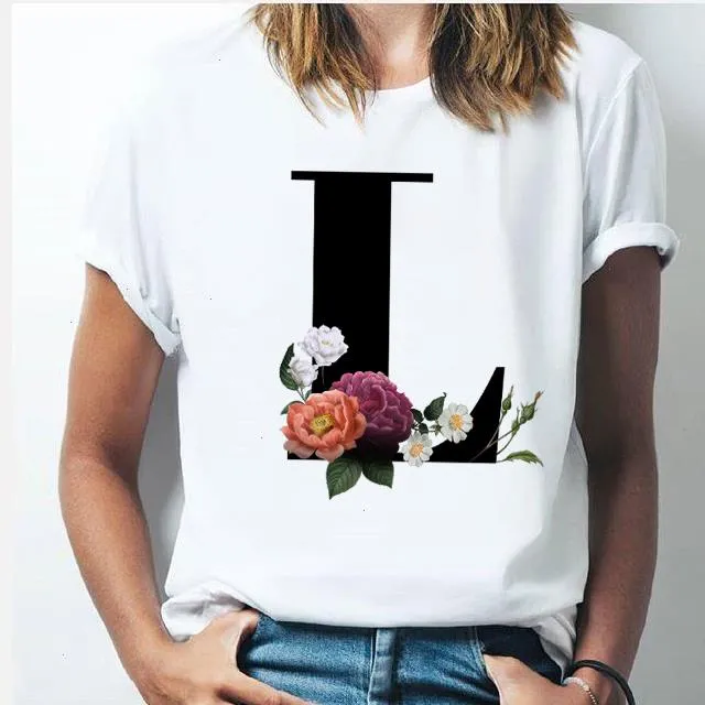 26 Alfabetet bokstav tee kvinnor t-shirt tjej a till z kombination blommor kort ärm avslappnad koreansk stil toppar droppfartyg