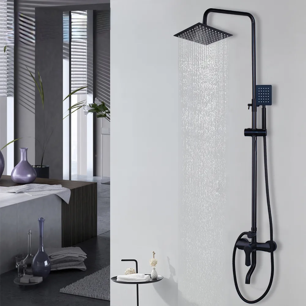 Mat siyah duş set duvar montaj yağış 8 inç yuvarlak kafa sprey 3 yol mikser ayarlanabilir el banyo duş musluk