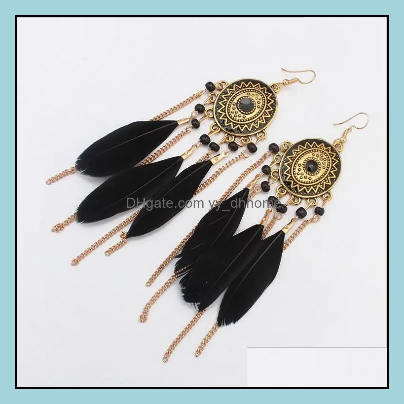 feather dangle earrings for women vintage tassel long bohemia ethnic customs earrings fashion jewelry accessories wholesale - 0787wh