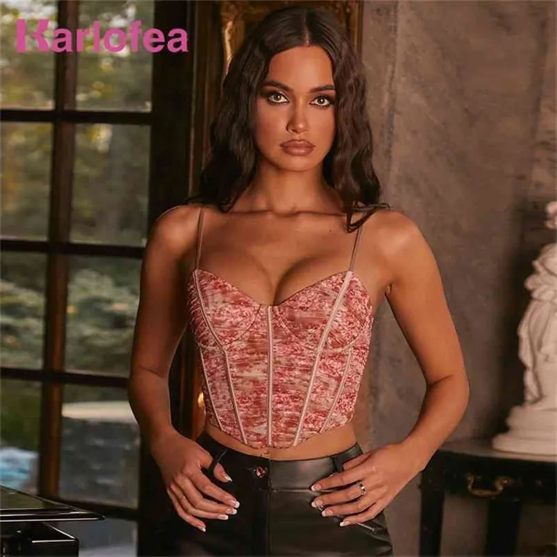 Karlofea Женская труба топ Top Top Y2K Tops Fashion Clothing Tops, чтобы изнашивать Bustier Sexy Floral Print Mesh Cami Top 210401