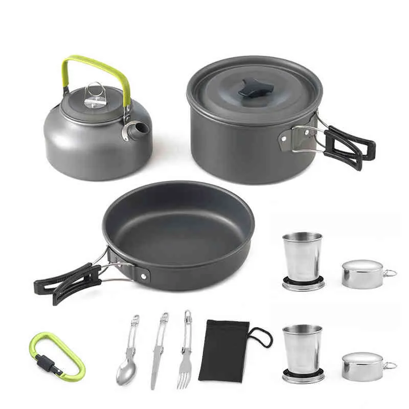 Ollas de cocina al aire libre Set Kettle Vajilla Conjuntos Camping Vajilla 4 personas Campcookingsupplies Naturaleza Caminata Un conjunto de sartenesHiking Y220530